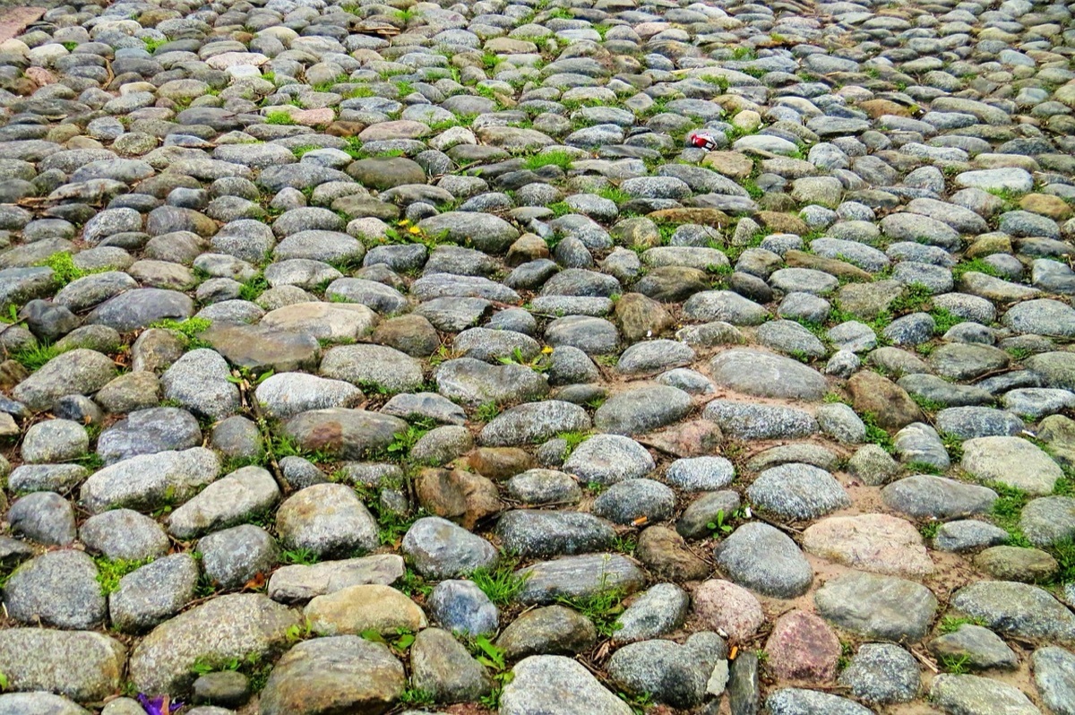 Steinstraße mit Blütenbecken